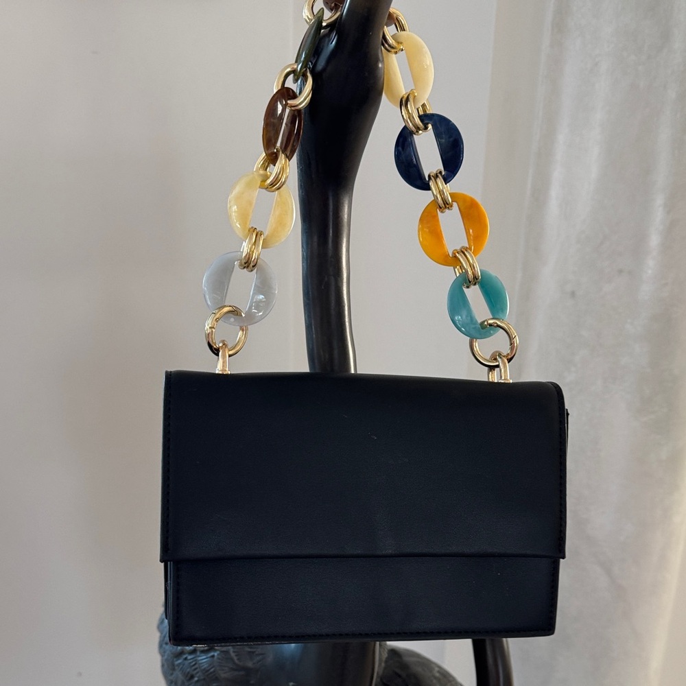 Black Women's Shoulder Bag with Multicolor Chain Strap